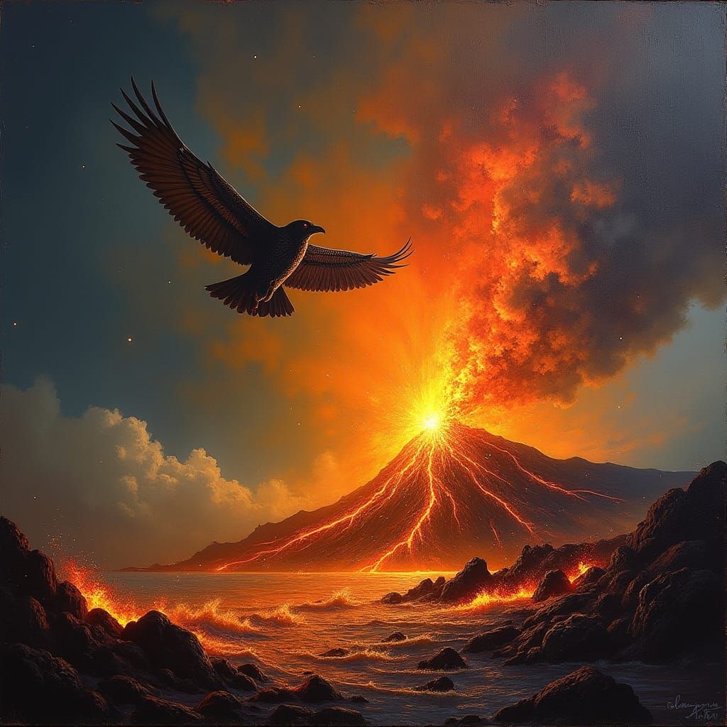 Volcano Eruption: Bird Soaring in Impressionist Style