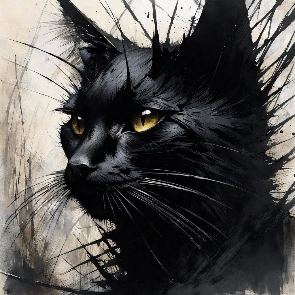 Sinister Black Cat Entangled in Cobwebs: Digital Art