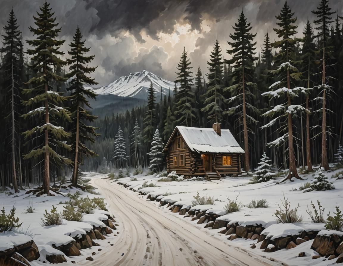 Secluded Cabin in Winter Landscape Painting
