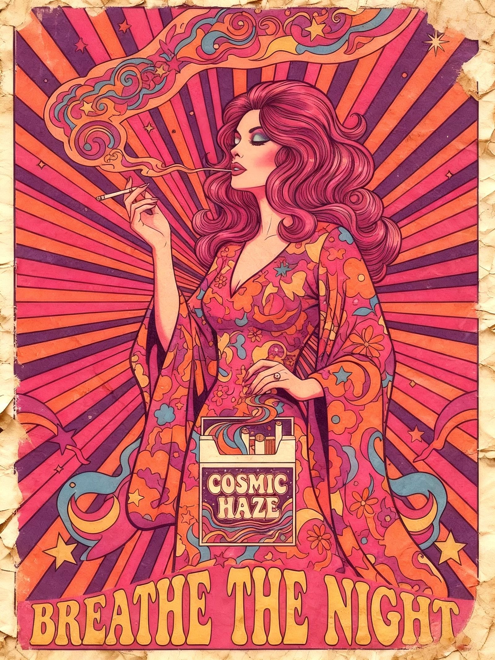 1970s Psychedelic Poster: Woman Exhaling Cosmic Smoke