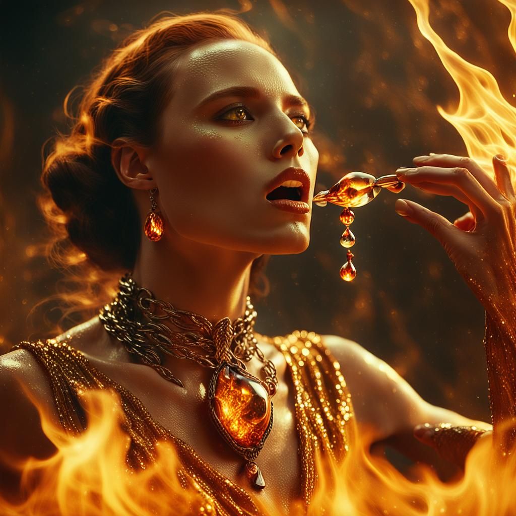 Surreal Woman in Flaming Gown, Cinematic Still