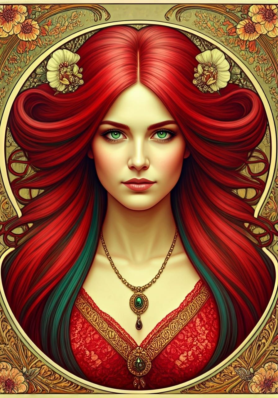 Elegant Woman with Flowing Hair in Art Nouveau Style