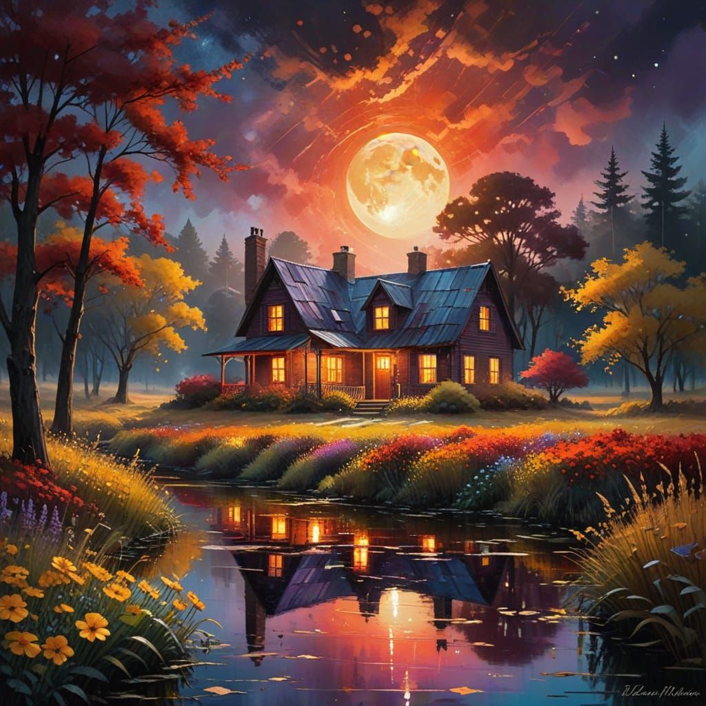 Magical Watercolor Forest with Celestial Sky and Stone Cotta...