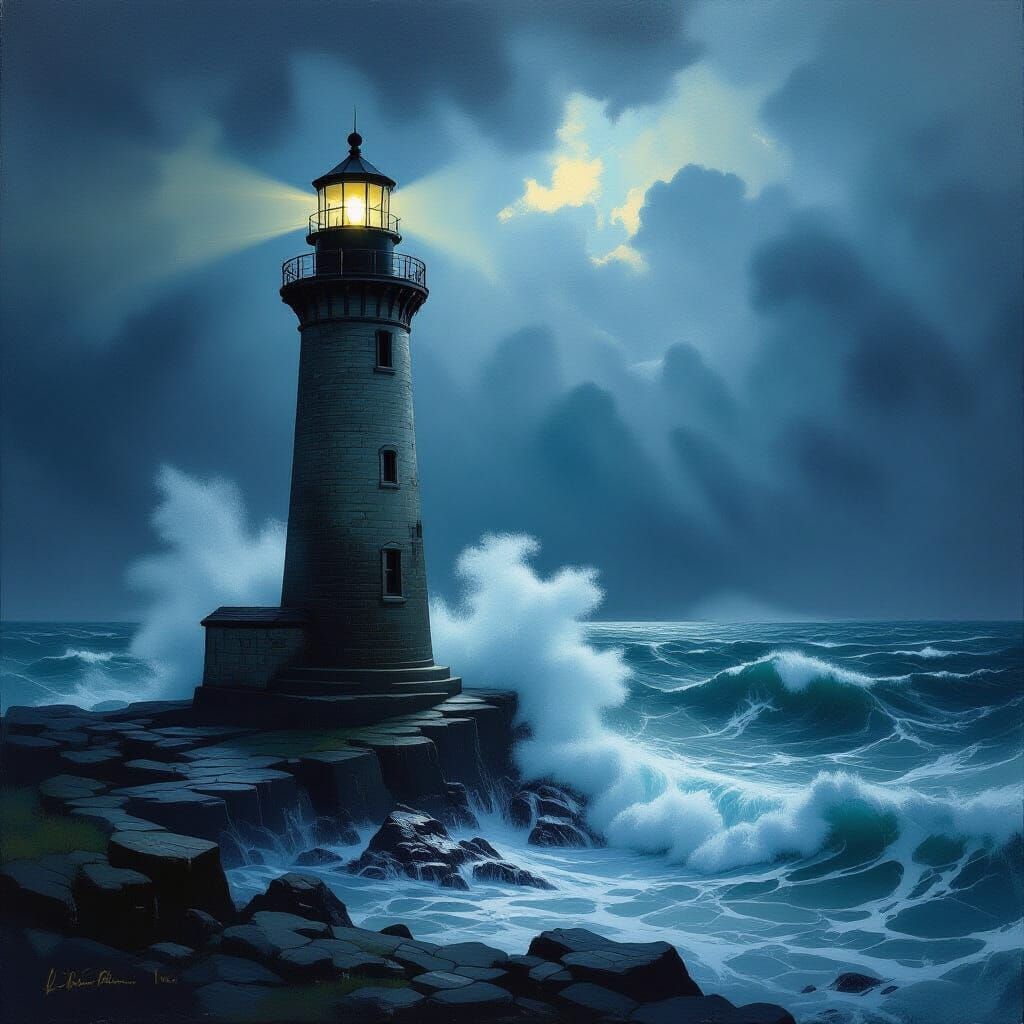 Ancient Lighthouse Battling Stormy Seas