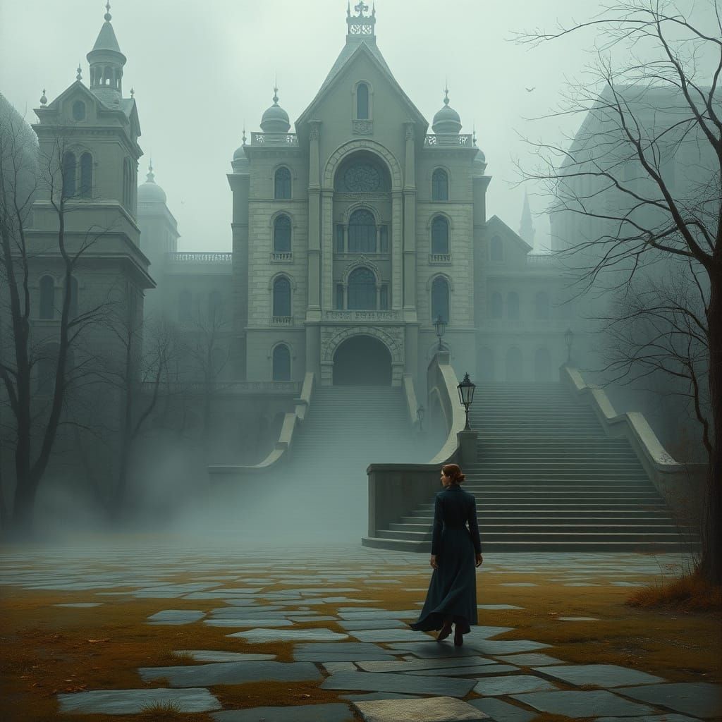 Mysterious Petrovo Cityscape at Dusk in a Mysterious Realism...