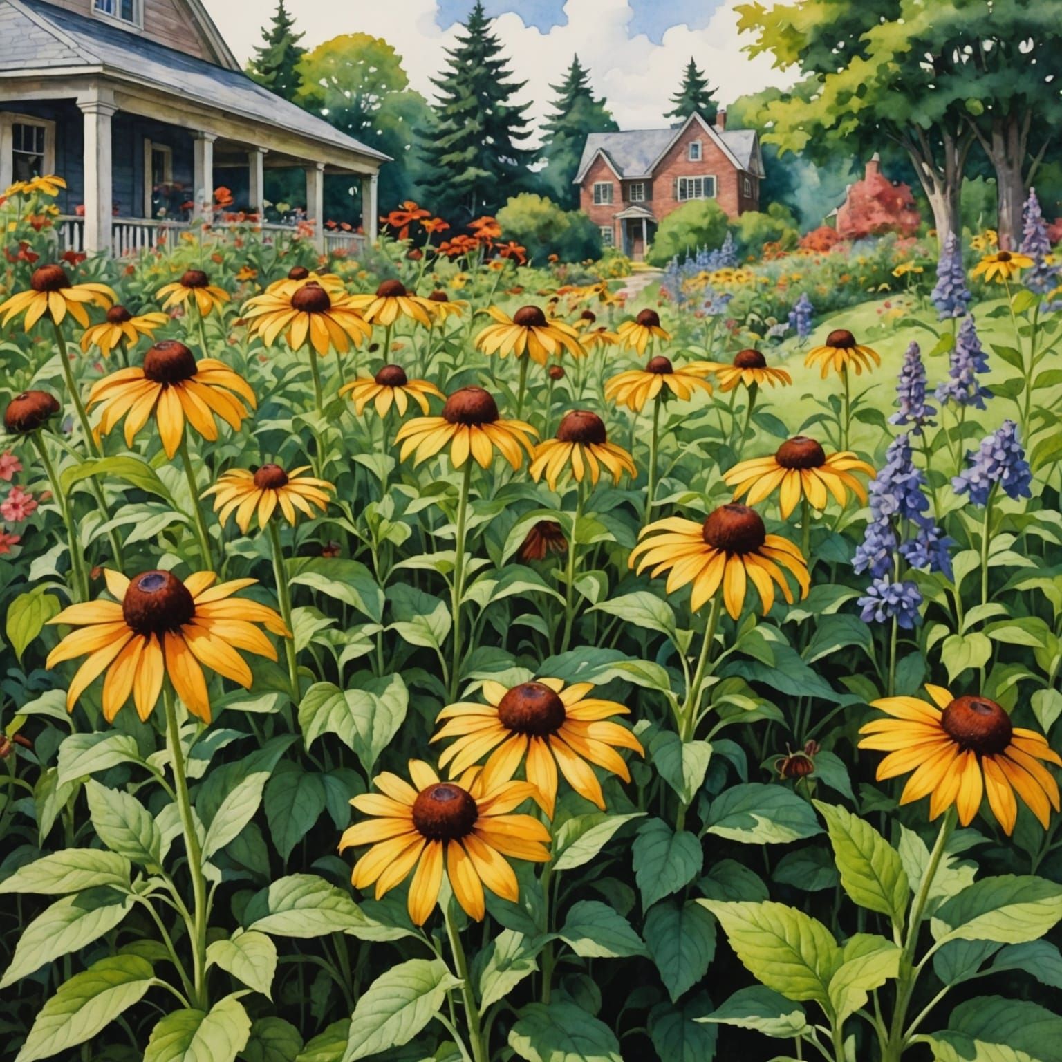 Colorful Watercolor Garden with Anime Art Details