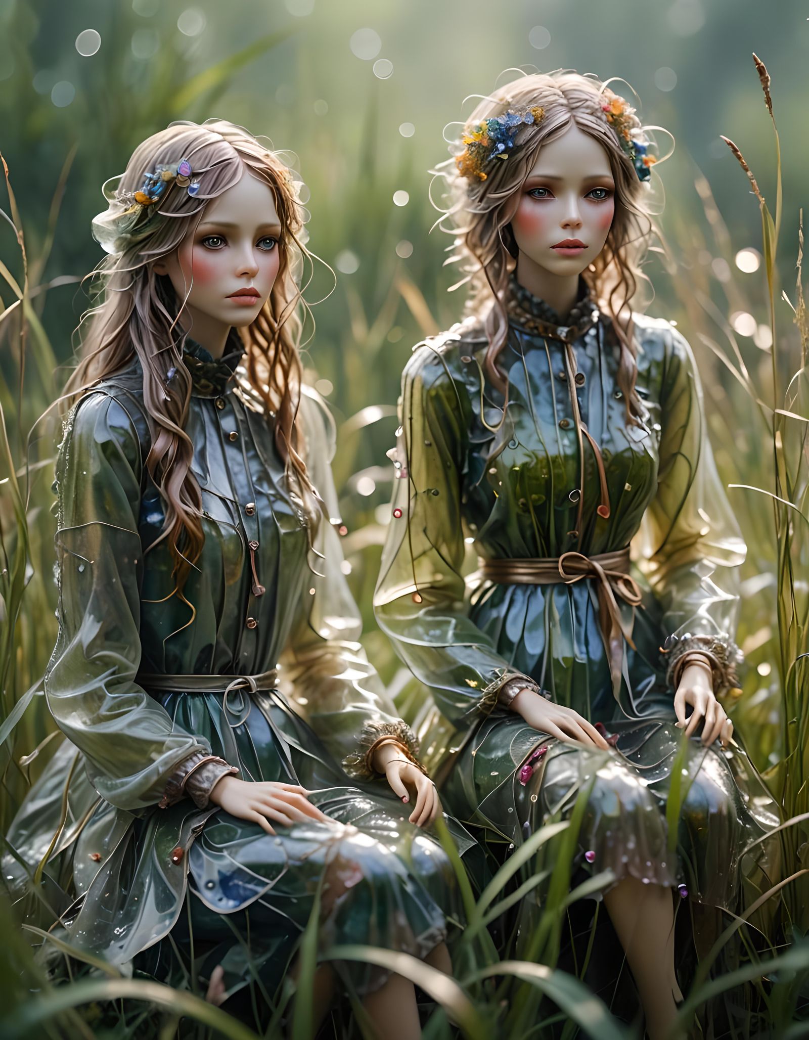 Translucent Glass Figures in Rainy Meadow: Whimsical Art