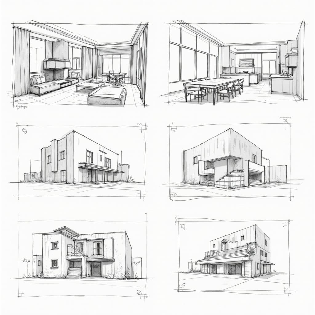 Hand-Drawn Architectural Sketchbook Pages in Black-and-White