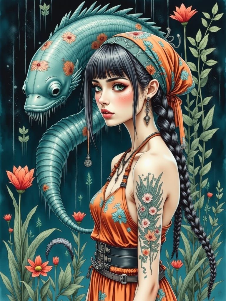 Watercolor Woman with Oarfish Statue