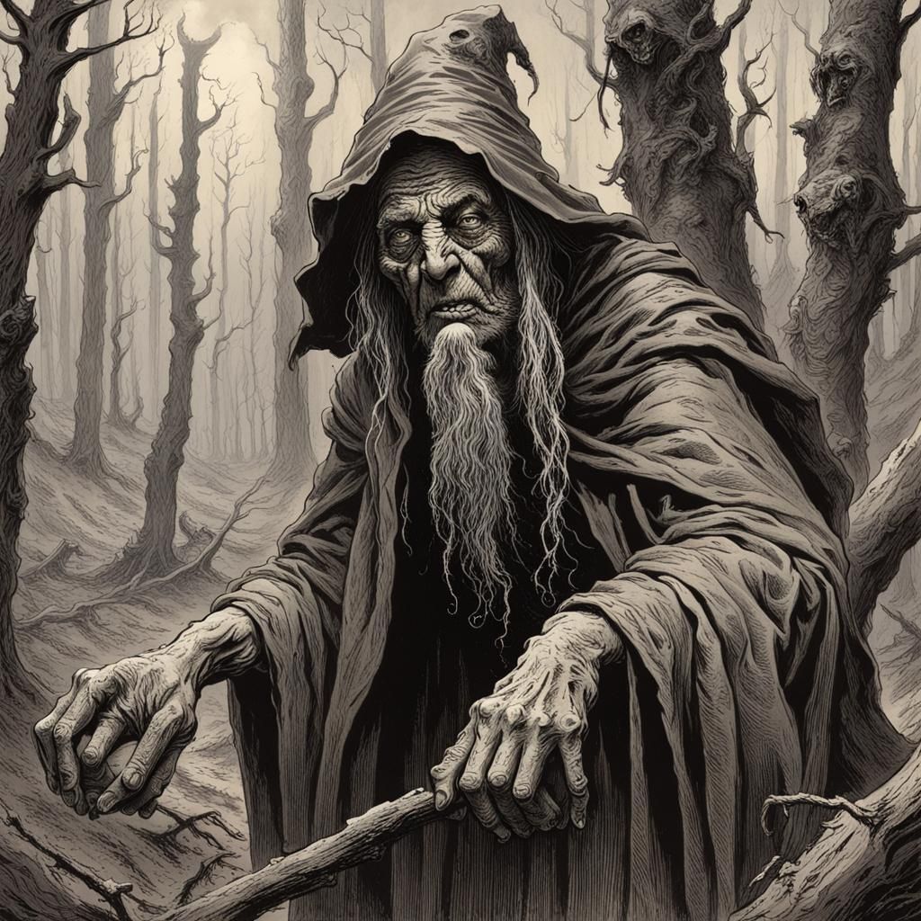 Horror Forest Witch in Gustave Doré Style