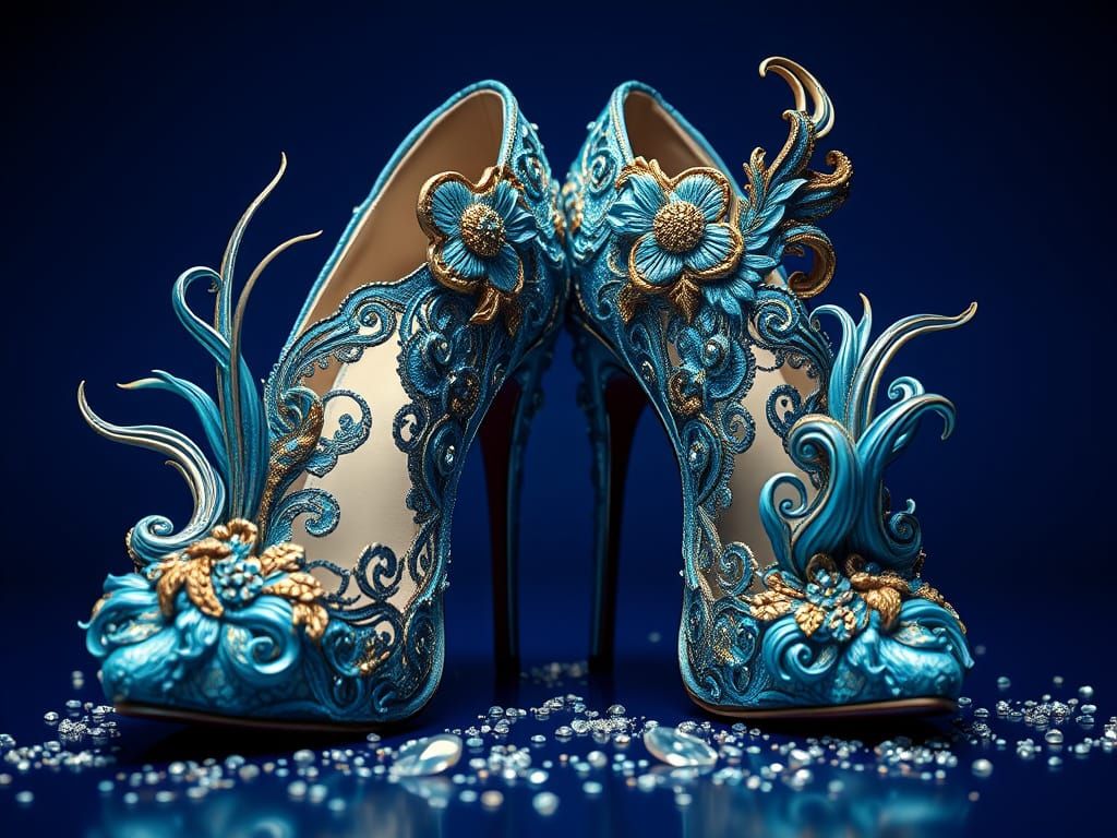 Ornate Blue High-Heeled Shoes with Sculpted Details