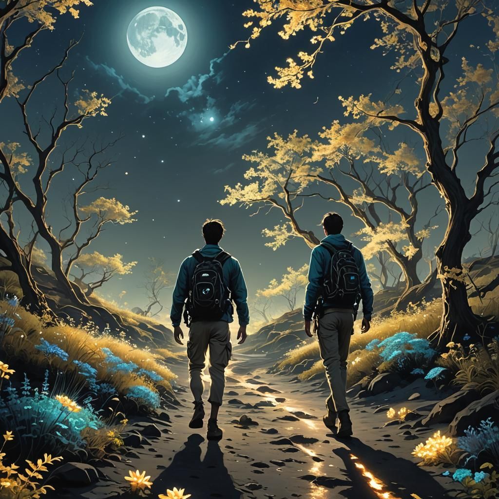 Luminous Figure Walks in Bioluminescent Moonlight Fantasy