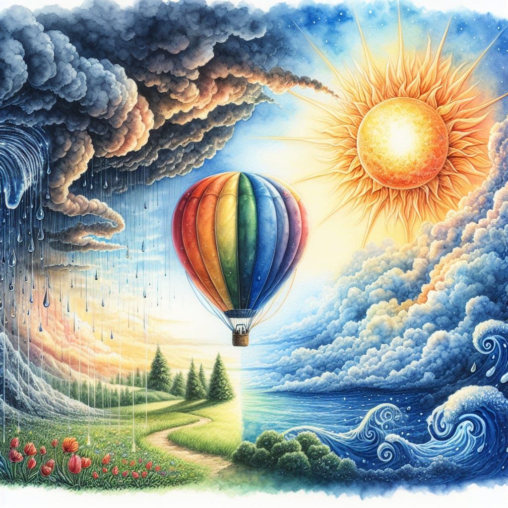 Watercolor Hot Air Balloon Between Storm and Sunshine