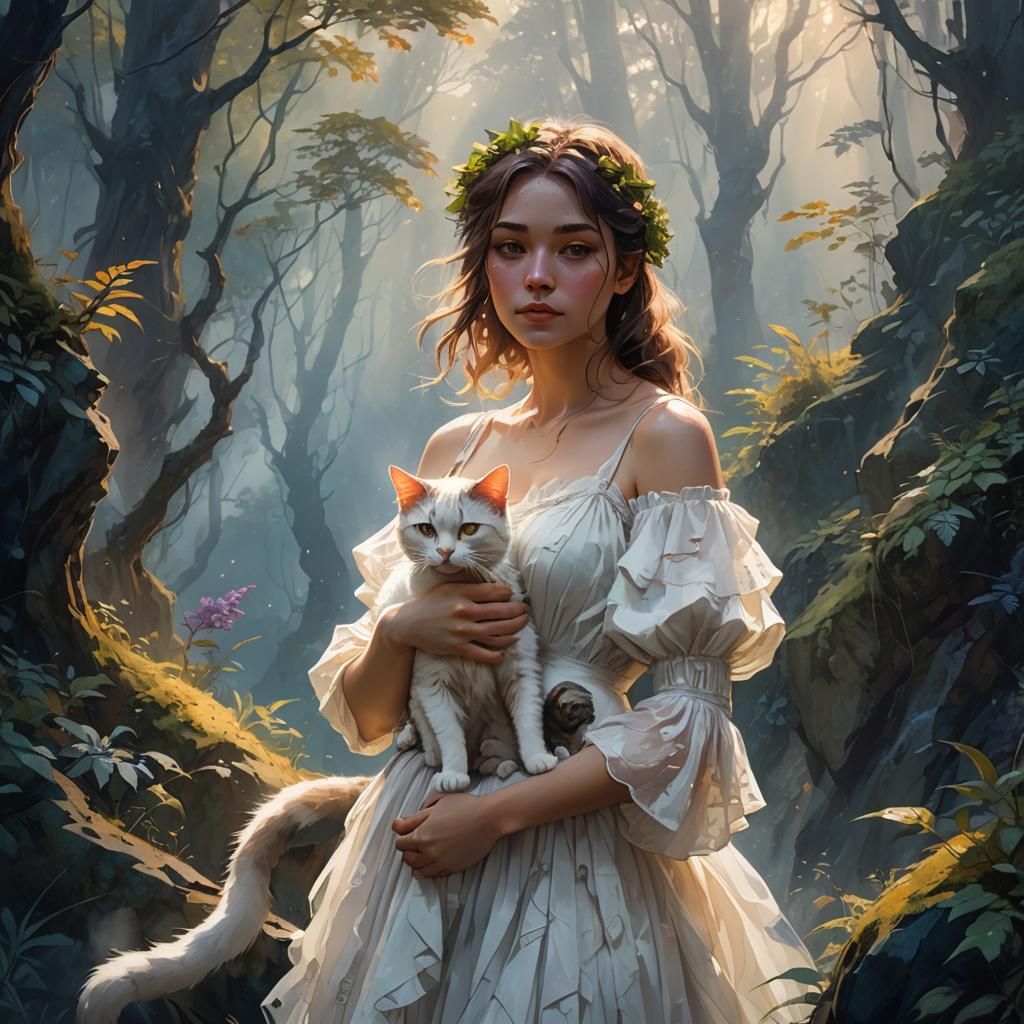 Girl Hugging Cat in Misty Forest, Impasto Painting