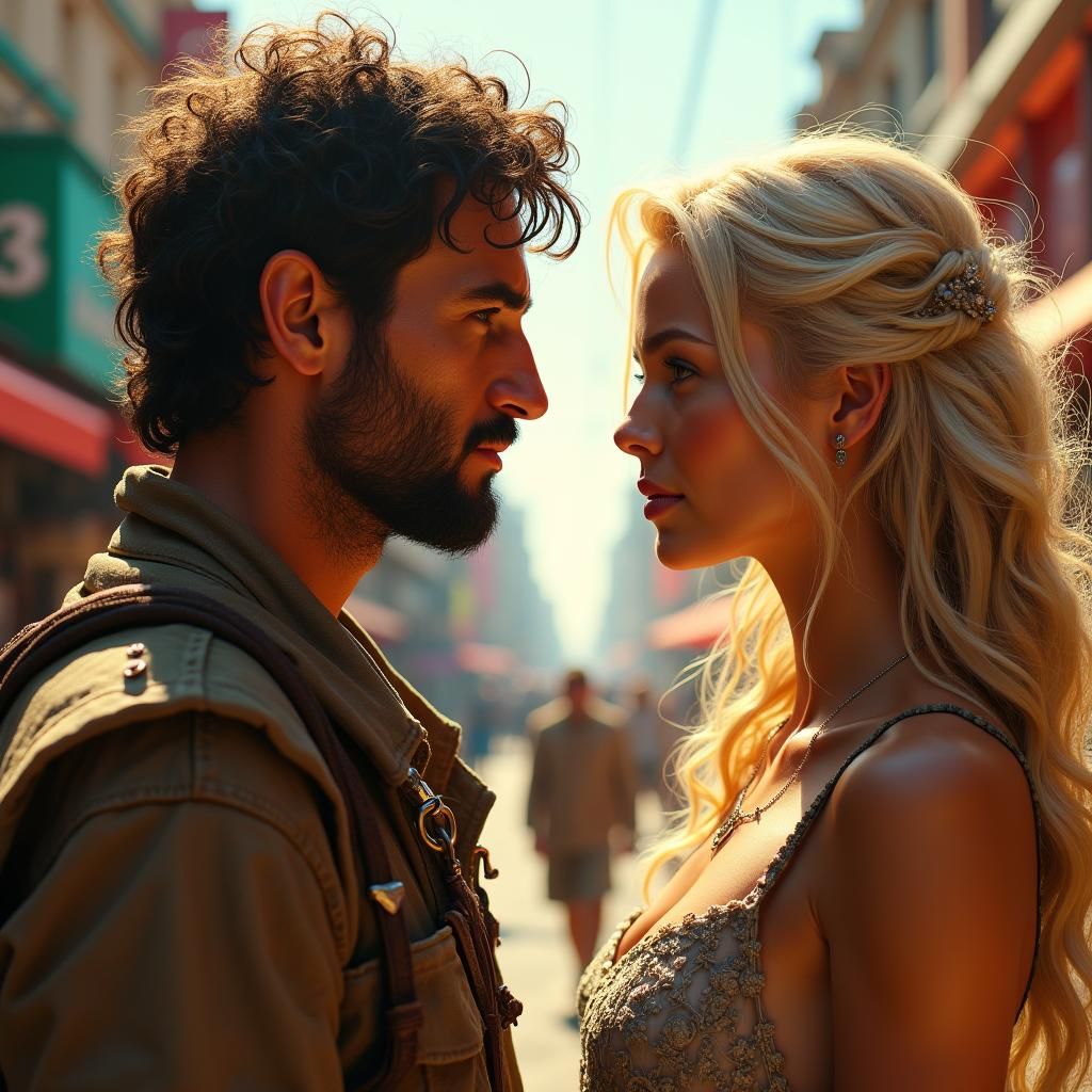 Love Across Worlds: Hyperrealistic Cityscape Portrait