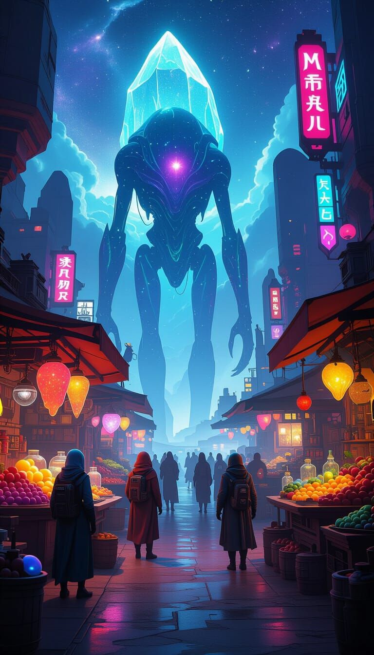 Vibrant Alien Market in Futuristic Landscape