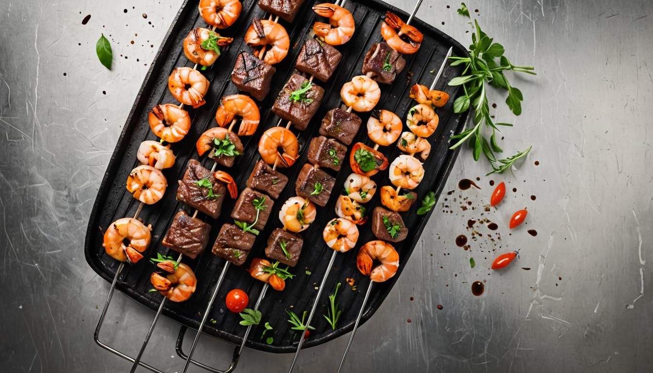 Steak and Shrimp Skewers on Grill, Cinematic Still