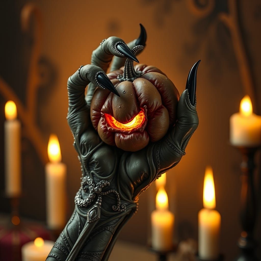 Withered Hand Cradles Glowing Pumpkin Creature