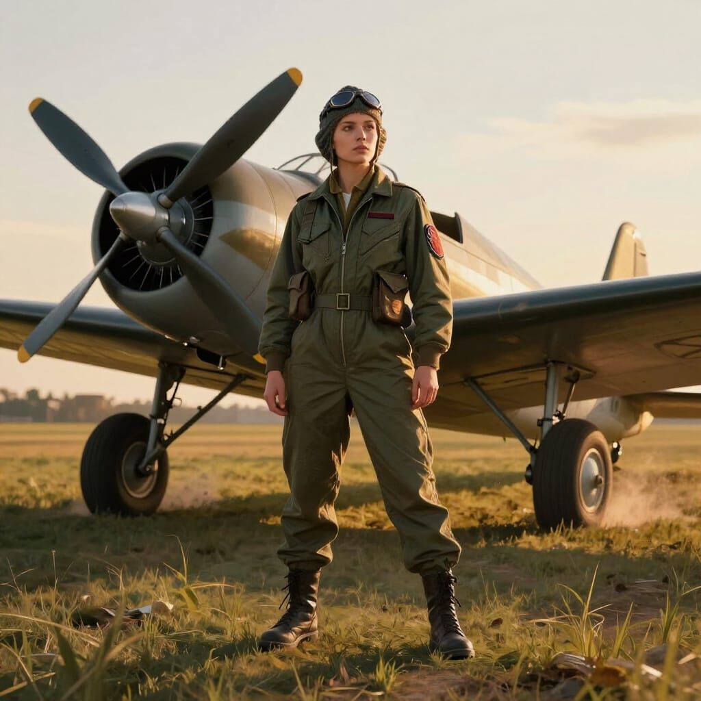 WW2 Female Pilot at Dawn, Vintage Plane