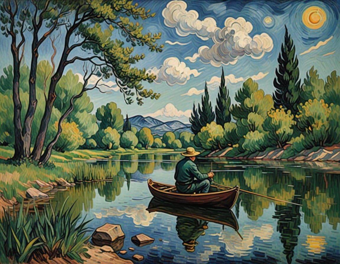 A Lone Fisherman in Serene Post-Impressionist Landscape