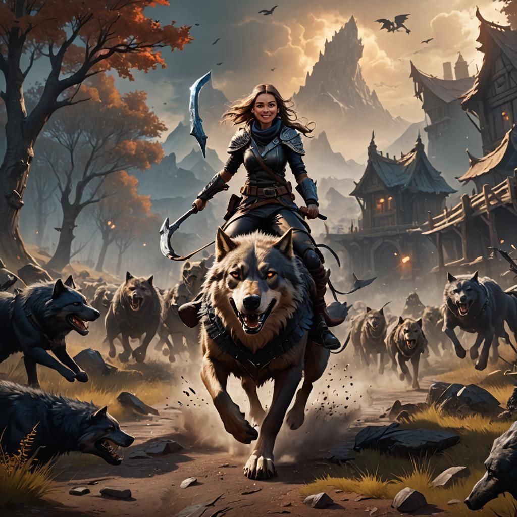 Girl on Dire Wolf: Fantasy Battlefield Art