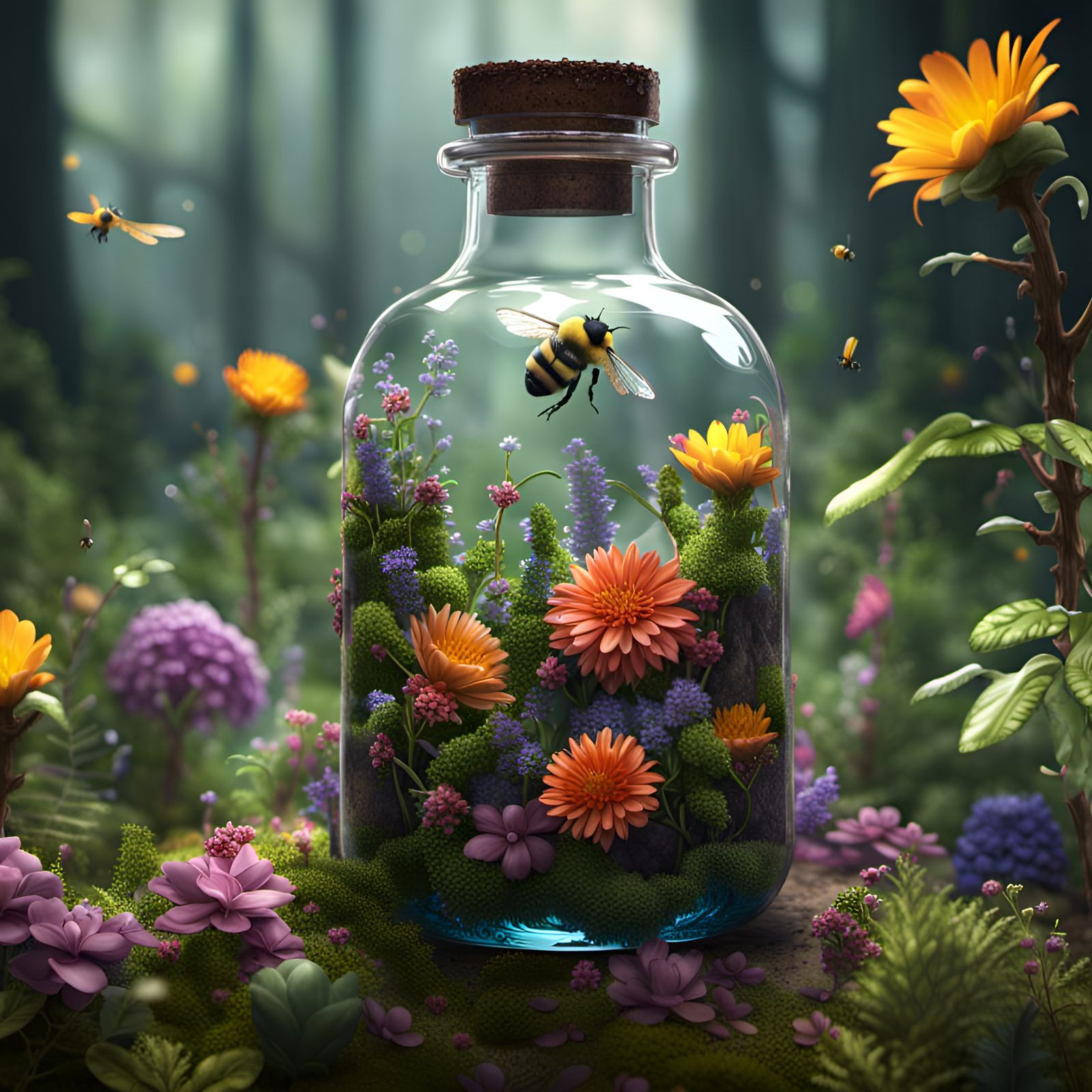 Bottle Terrarium with Bumblebees: Fantasy Concept Art
