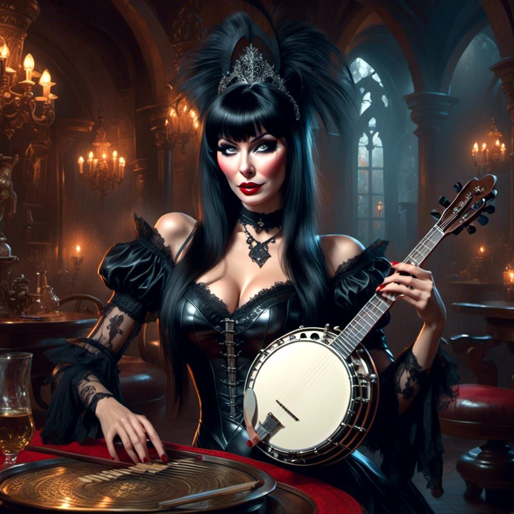 Elvira as Dark Mistress with Banjo, Detailed Portrait