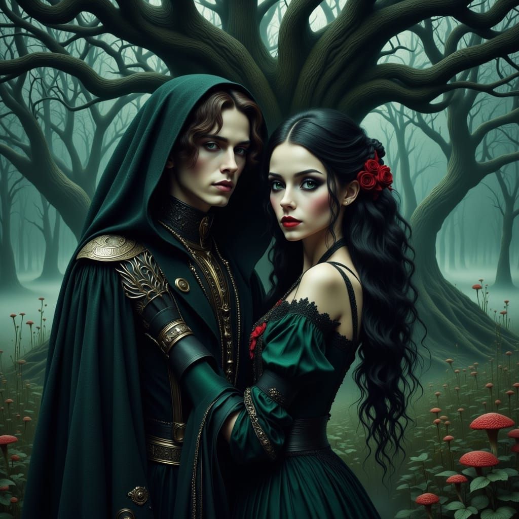 Gothic Forest Encounter: Woman and Highwayman