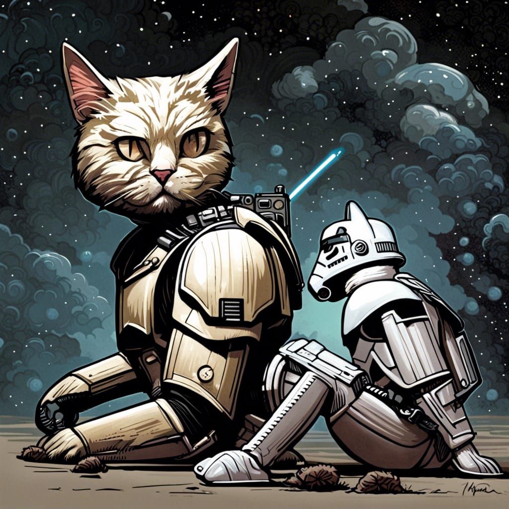 Stormtrooper Whispering to Cat, Comic Book Art