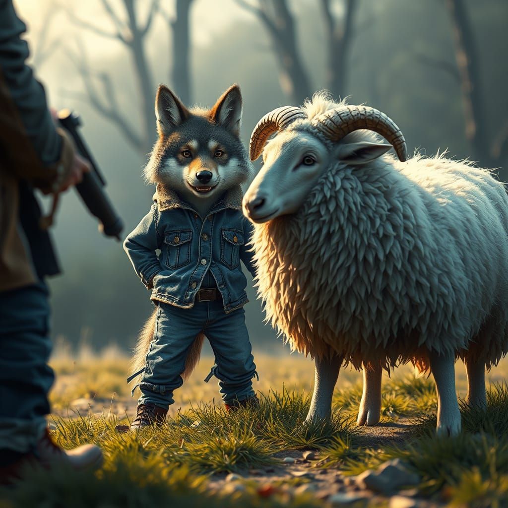 Wolf Defends Sheep from Hunter in Dramatic Realistic Style