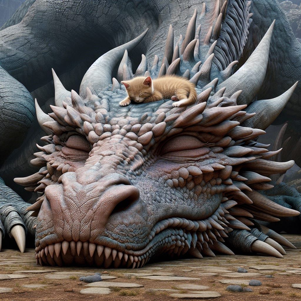 Dragon's Nap: Kitten Sleeps on Colossal Beast
