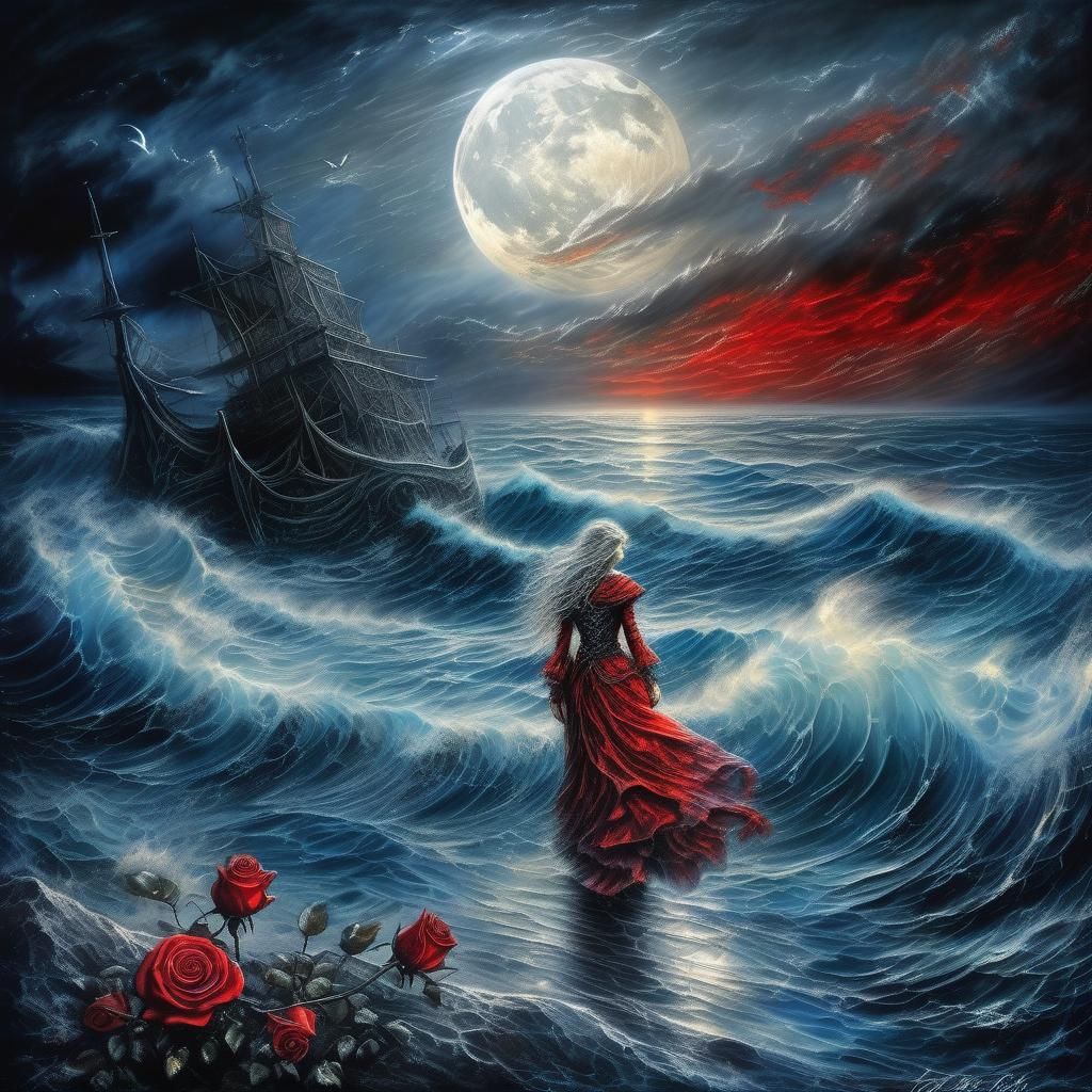Stormy Sea with Scarlet Rose, Surrealist Style
