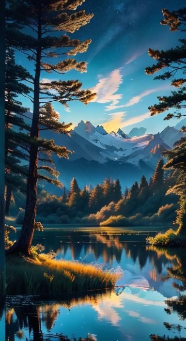 Sunrise casting first light on a tranquil lake, surface acti...