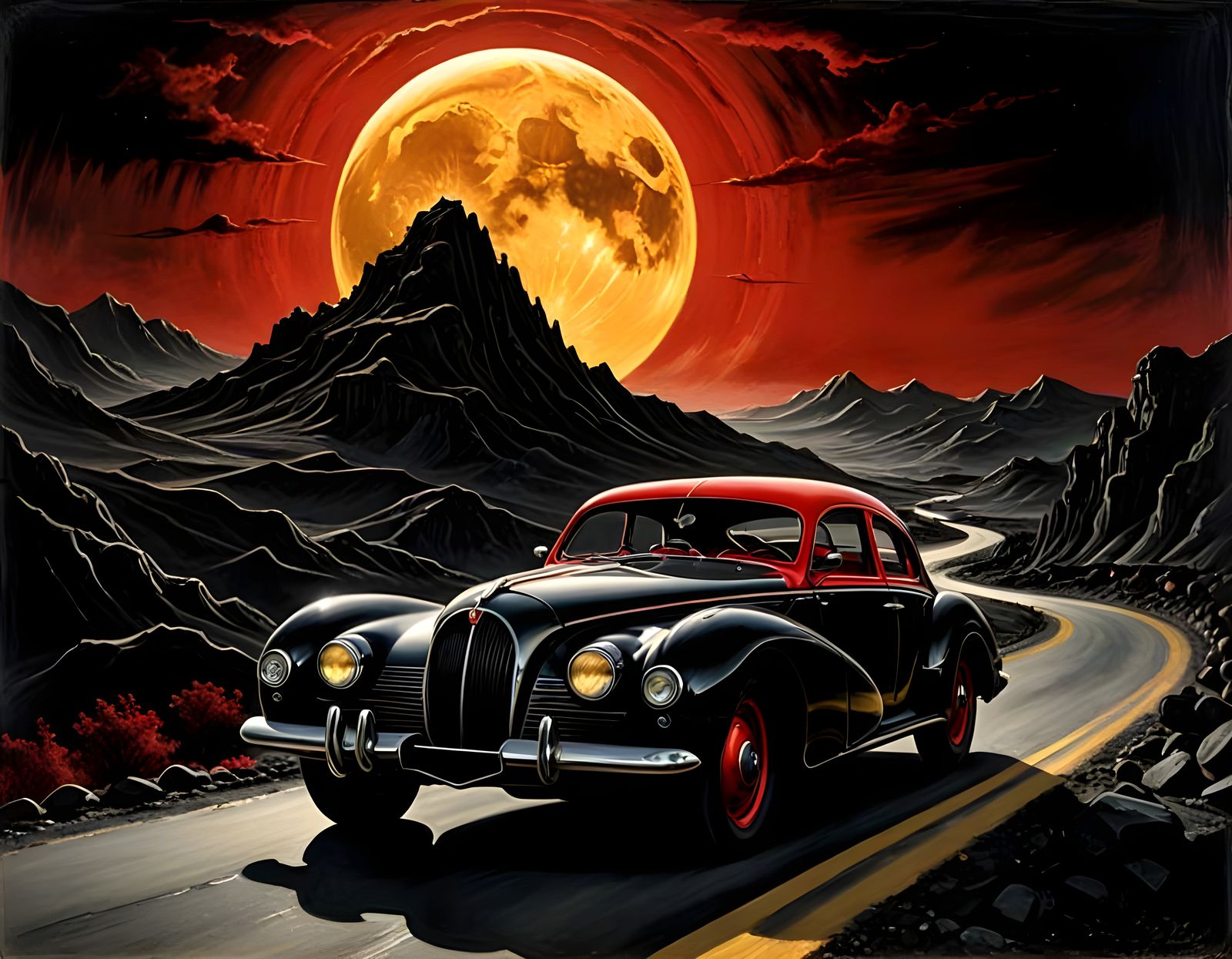 A car driving along a mountain road under a full golden moon
