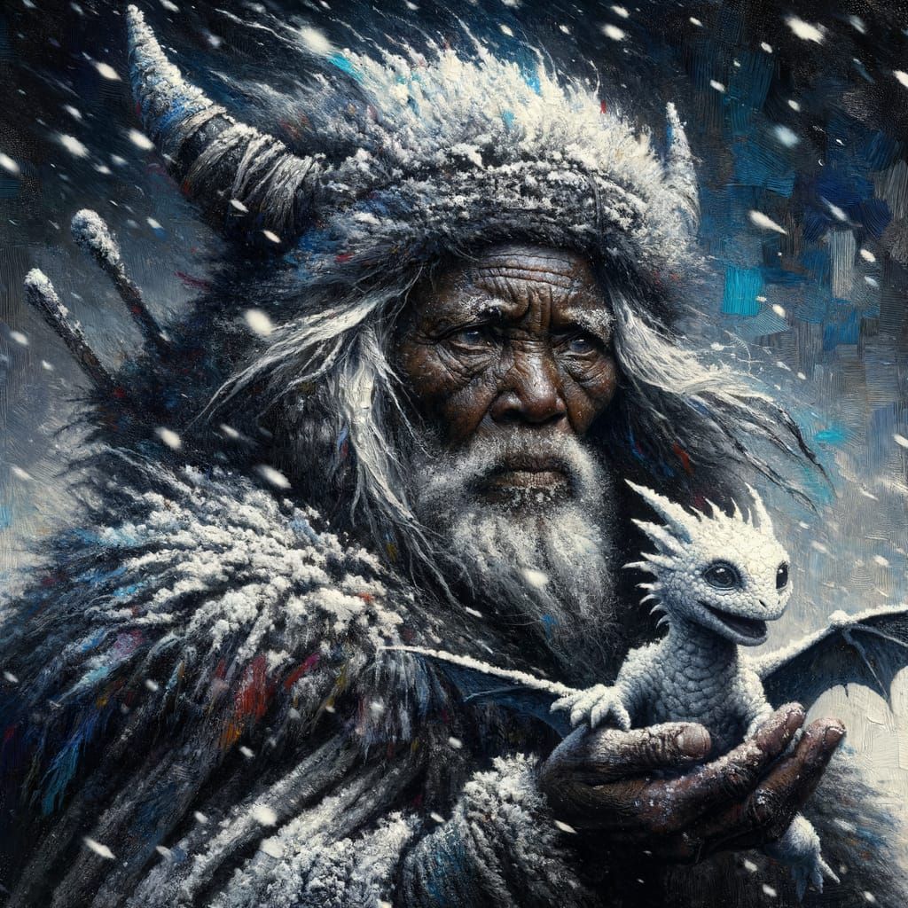 Elderly Viking Woman with Dragon in Snowstorm