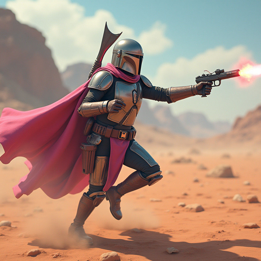 Female Mandalorian Warrior in Pink and Purple Armor