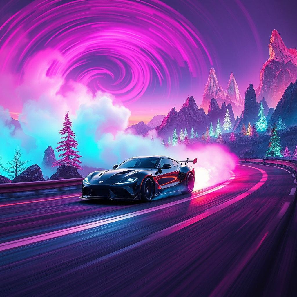 Sports Car Drifting in a Neon Fantasy Landscape