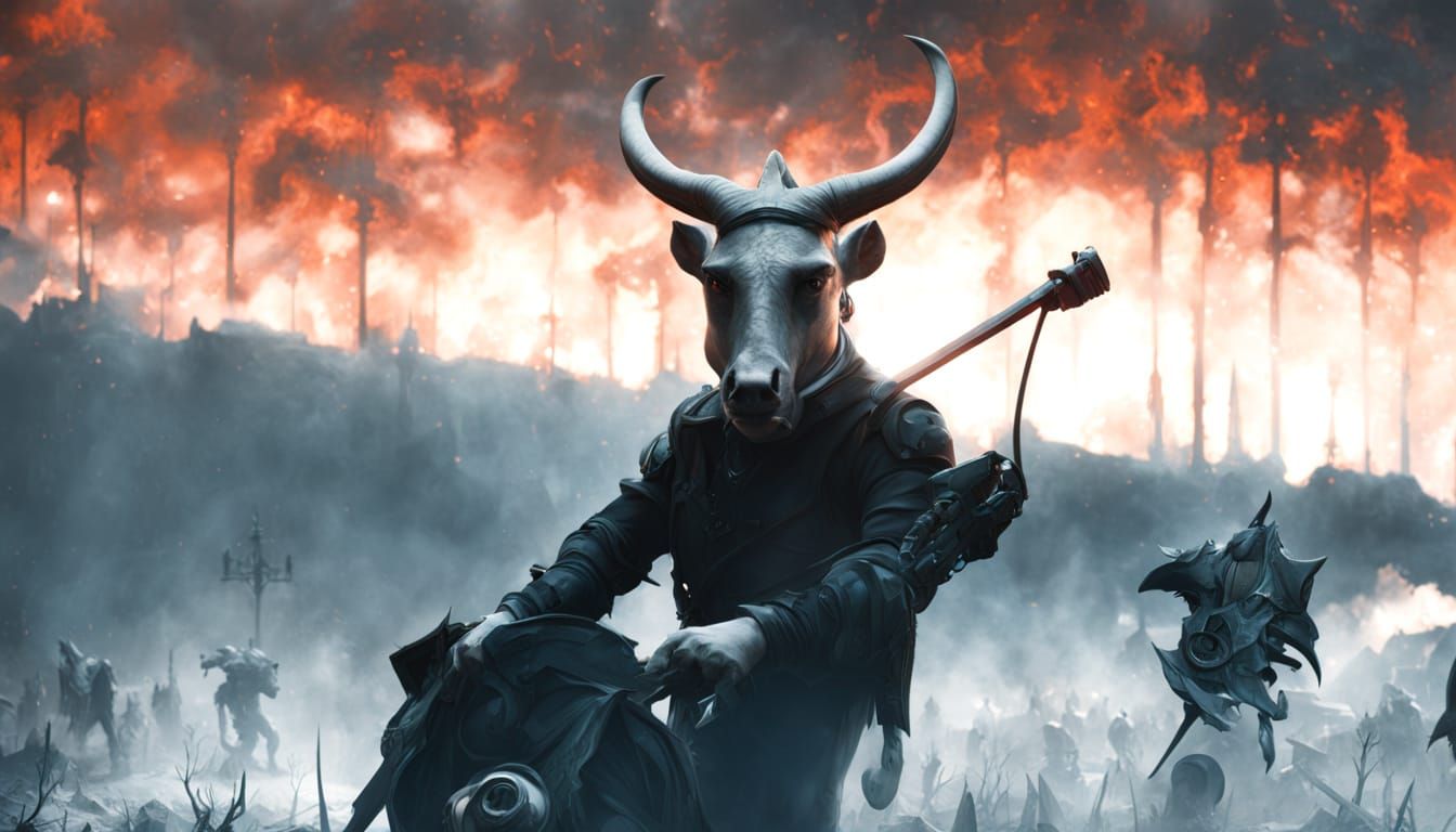 Pig Snouted Demon in Red Sky, Dark Fantasy Art