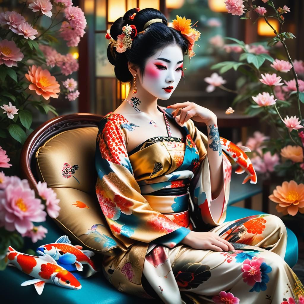 Geisha with Koi Tattoo in Hyperrealistic Portrait