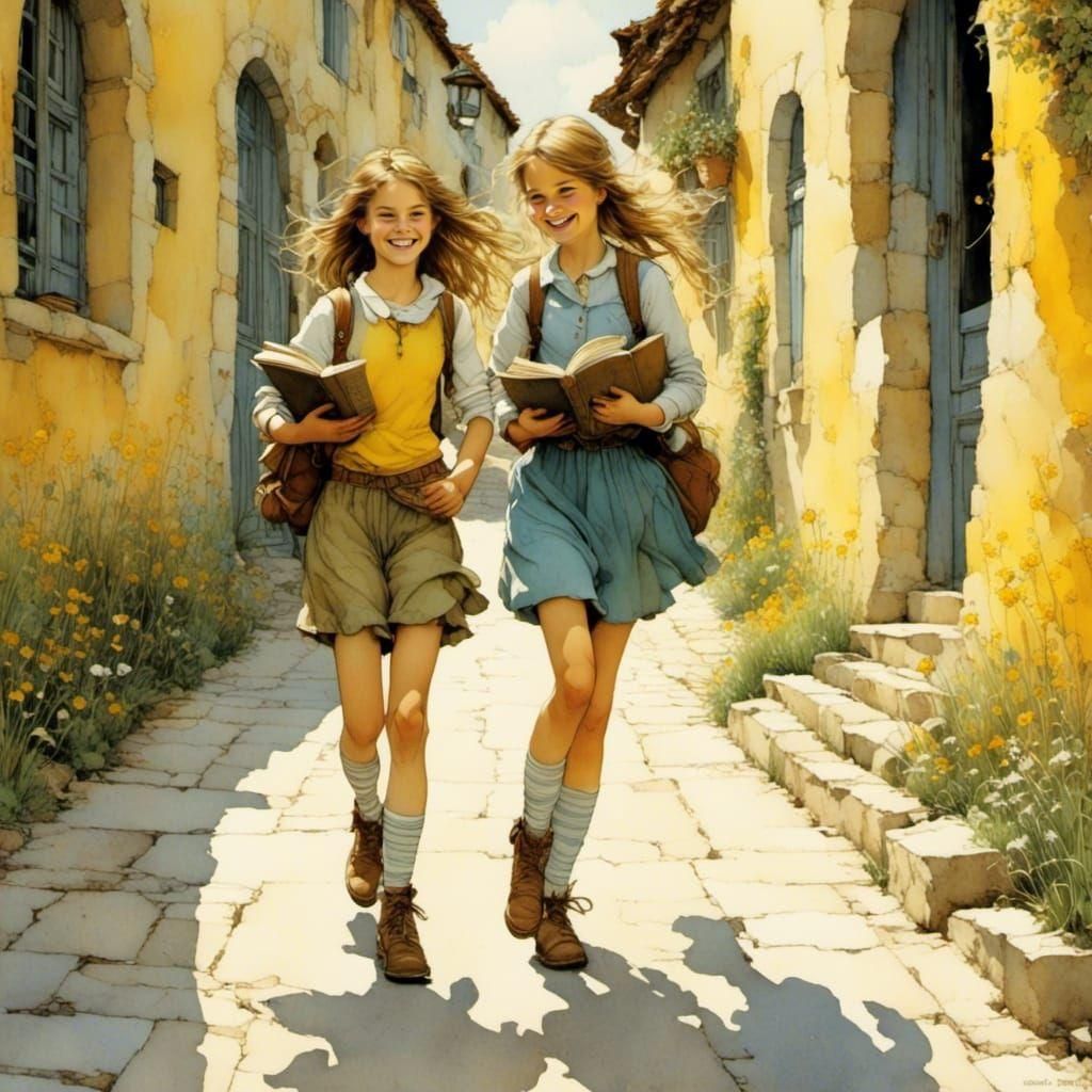 Teenage Girls Laughing in School Hallway, Pastel Art
