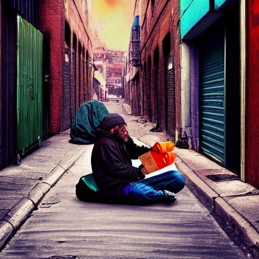 Happy Homeless Person Receives Money in Alleyway