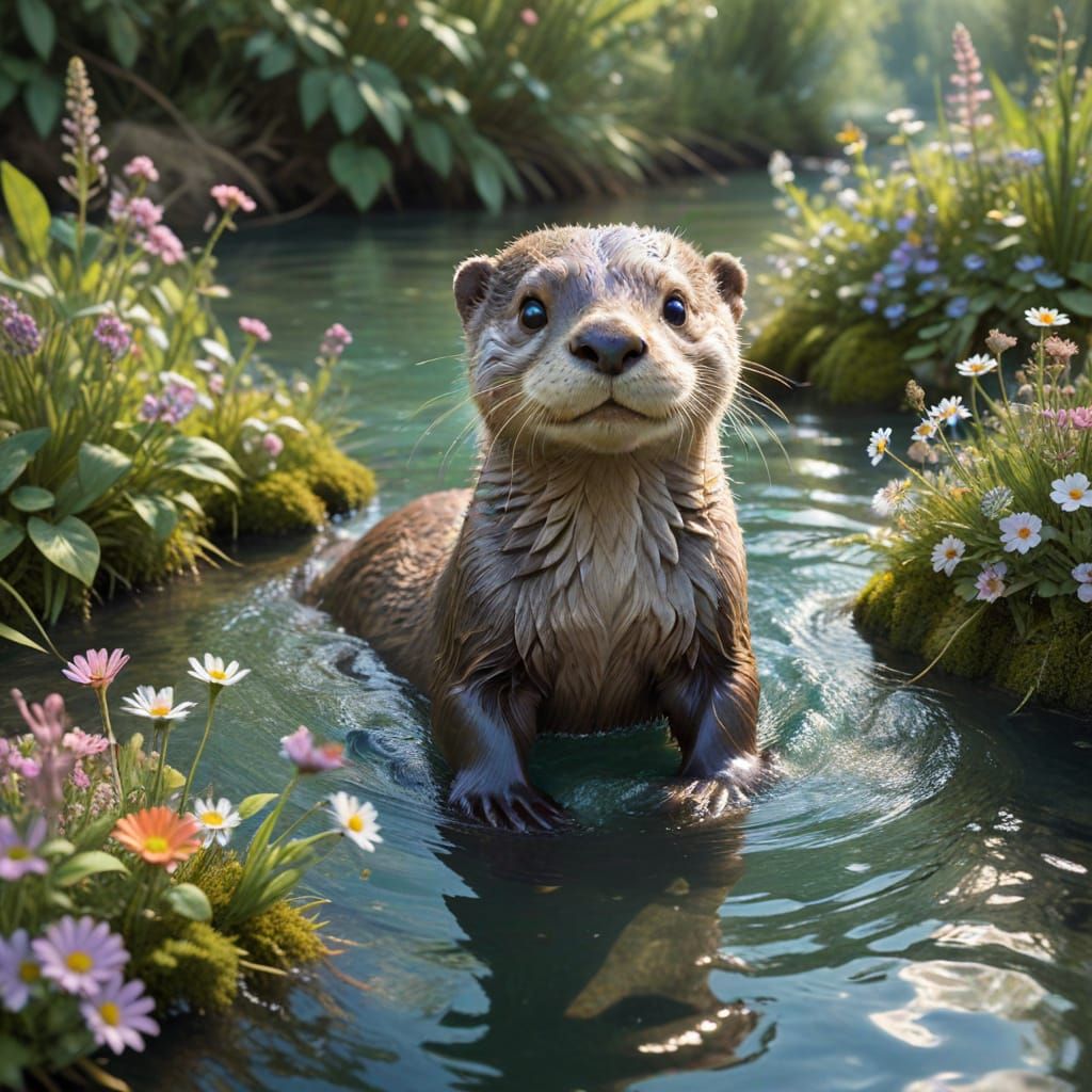 Playful Otter in Enchanted River Landscape