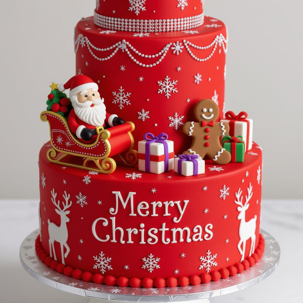 Christmas Fondant Cake with Santa, Sleigh, and Gingerbread M...