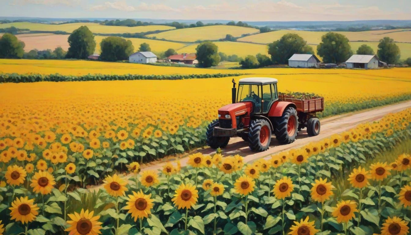 Tractor Harvesting Sunflowers in Gouache Painting Style