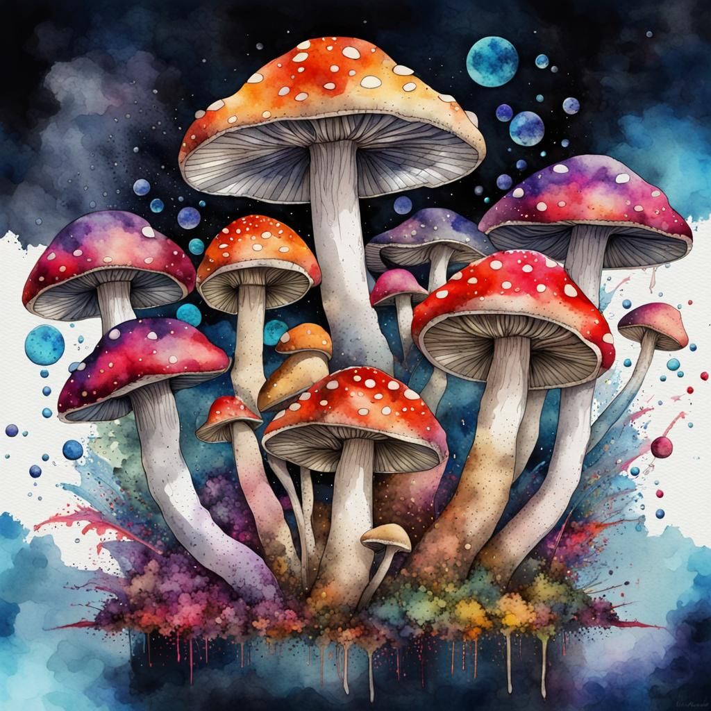 Psychedelic Mushrooms in Trash Polka Style