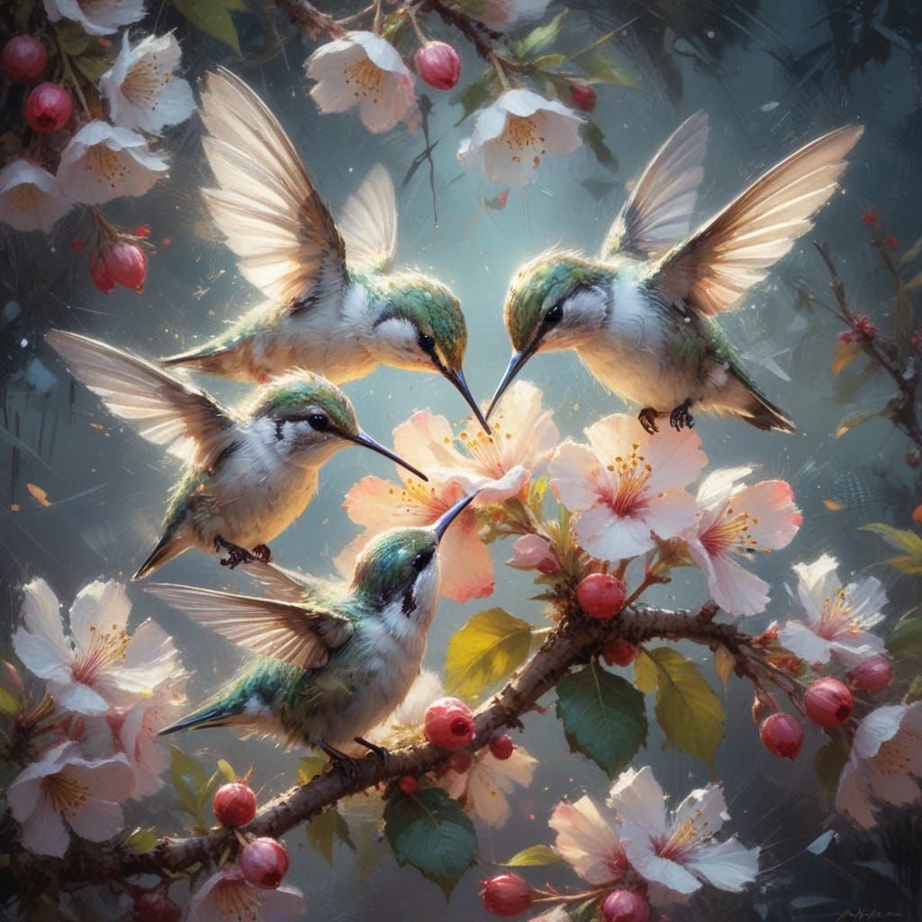 Hummingbird Chicks Feast on Apple Blossoms: Fine Art