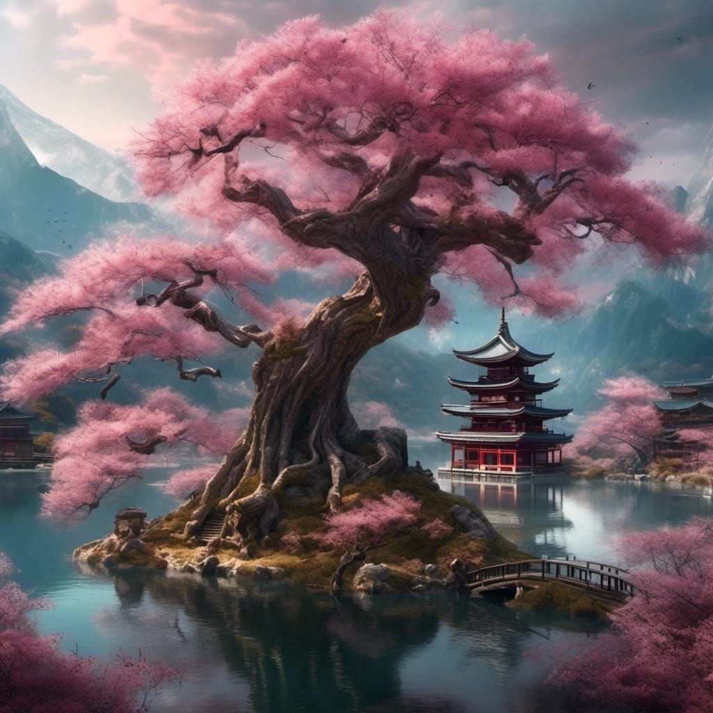Sakura Tree by Lake with Japanese Temples