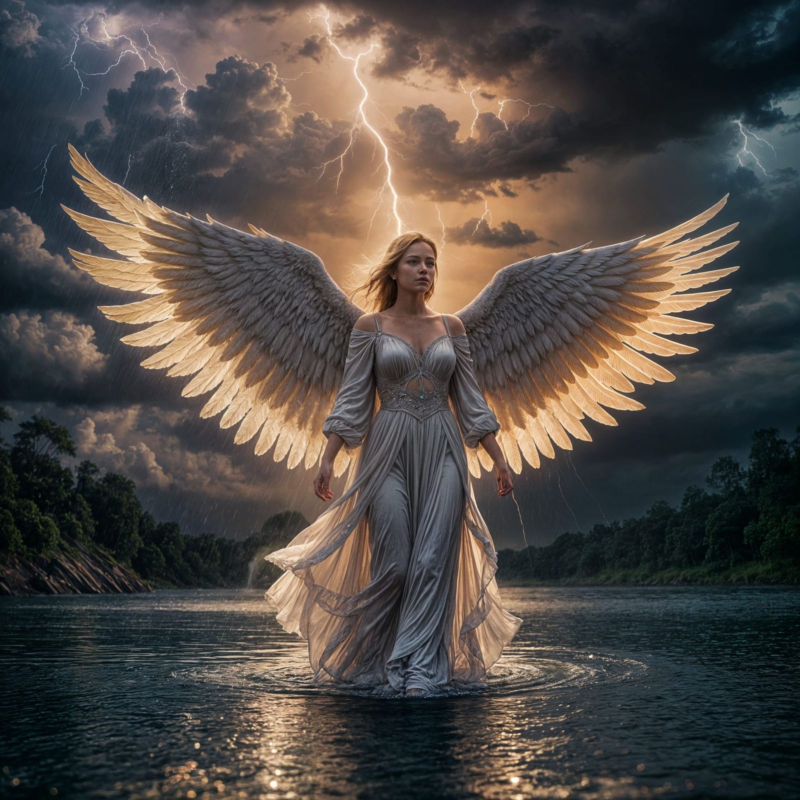 Ethereal Heavenly Angel Soars Across Serene Waters