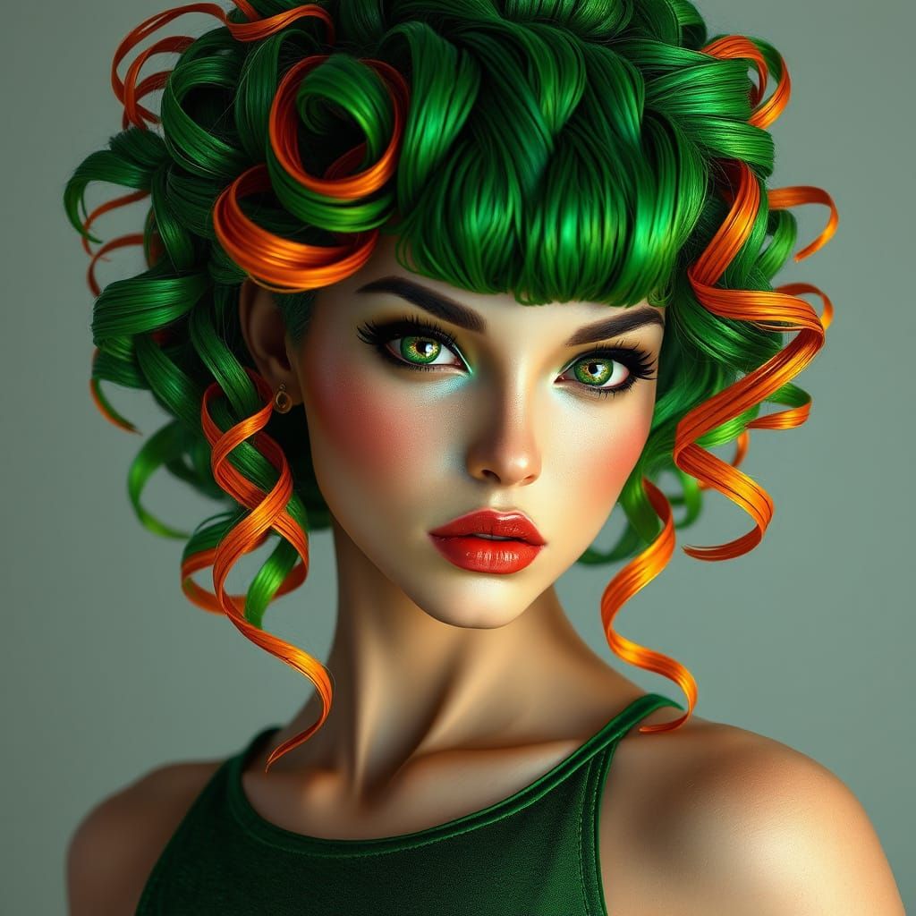 A striking portrait of a woman with vibrant green and orange hair, curled elegantly. She wears a shiny green top and has...