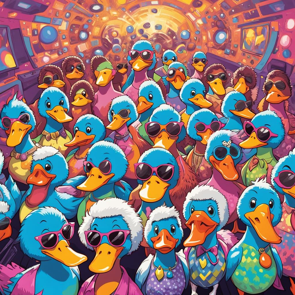 A squad of funky cartoon ducks  dancing under a glittering disco ball